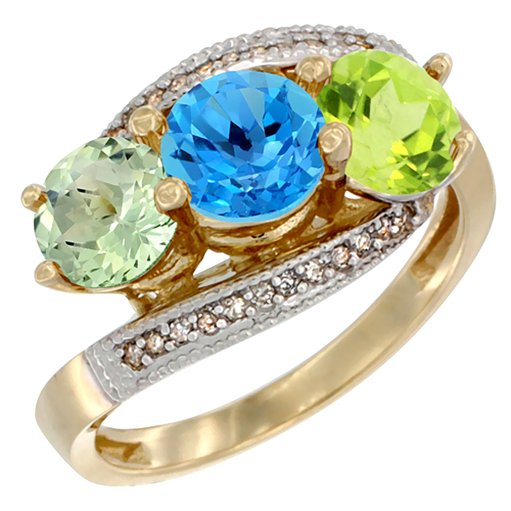 10K Yellow Gold Natural Green Amethyst, Swiss Blue Topaz &amp; Peridot 3 stone Ring Round 6mm Diamond Accent, sizes 5 - 10