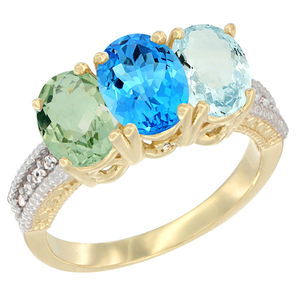 14K Yellow Gold Natural Green Amethyst, Swiss Blue Topaz &amp; Aquamarine Ring 3-Stone 7x5 mm Oval Diamond Accent, sizes 5 - 10