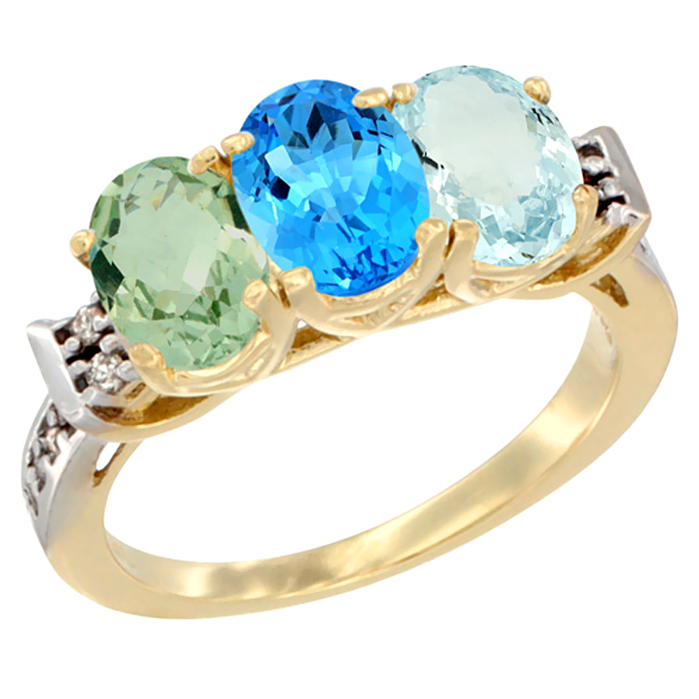 14K Yellow Gold Natural Green Amethyst, Swiss Blue Topaz &amp; Aquamarine Ring 3-Stone 7x5 mm Oval Diamond Accent, sizes 5 - 10