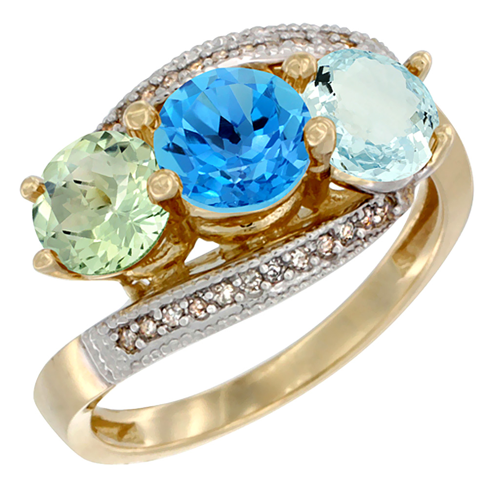 10K Yellow Gold Natural Green Amethyst, Swiss Blue Topaz & Aquamarine 3 stone Ring Round 6mm Diamond Accent, sizes 5 - 10