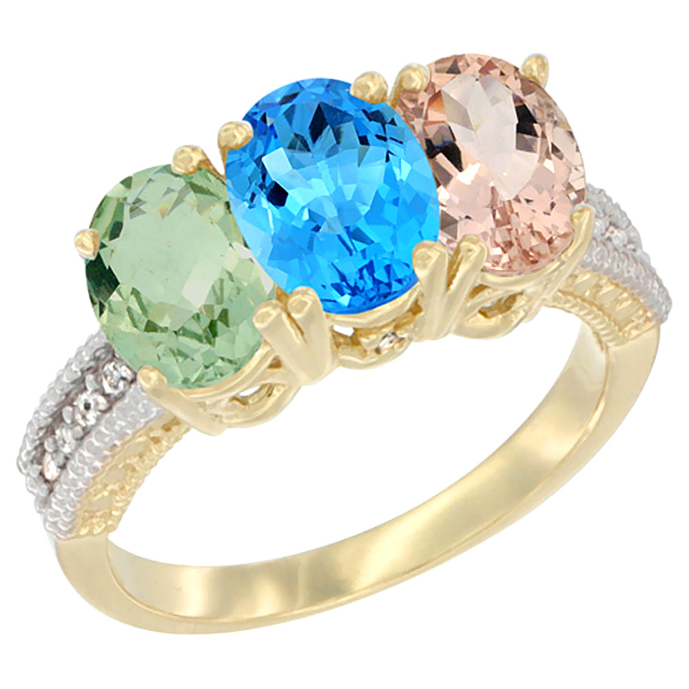 10K Yellow Gold Diamond Natural Green Amethyst, Swiss Blue Topaz & Morganite Ring Oval 3-Stone 7x5 mm,sizes 5-10