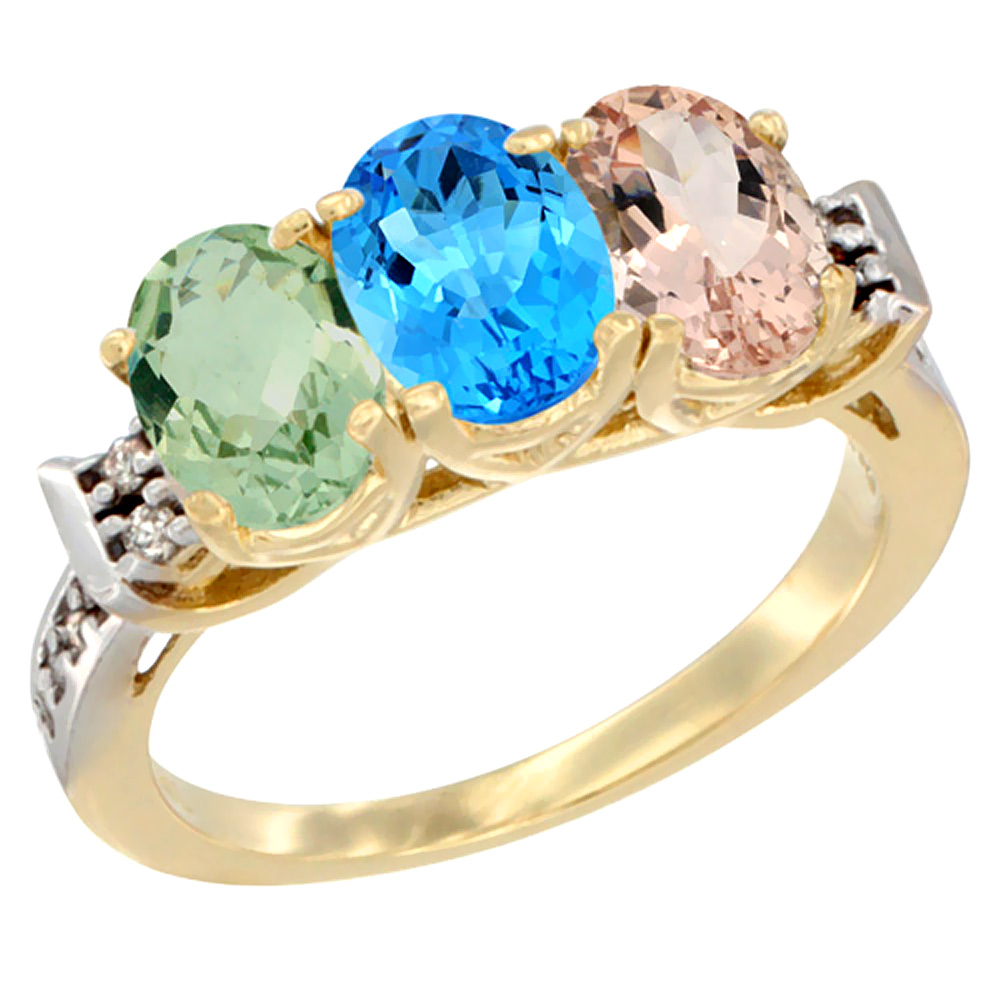 14K Yellow Gold Natural Green Amethyst, Swiss Blue Topaz & Morganite Ring 3-Stone 7x5 mm Oval Diamond Accent, sizes 5 - 10