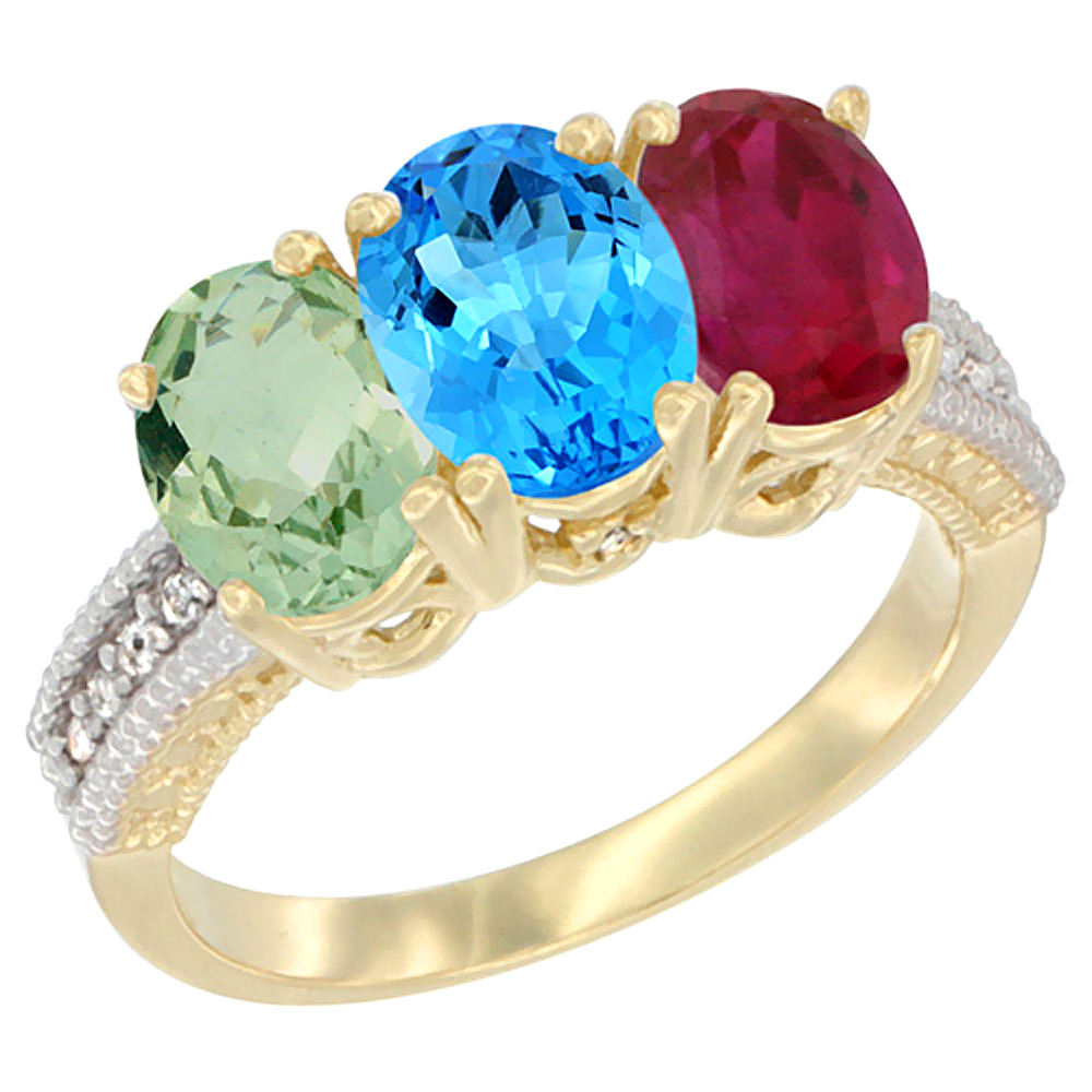 14K Yellow Gold Natural Green Amethyst, Swiss Blue Topaz &amp; Enhanced Ruby Ring 3-Stone 7x5 mm Oval Diamond Accent, sizes 5 - 10