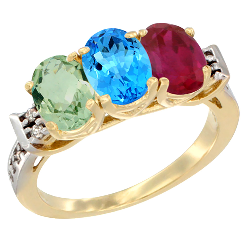 14K Yellow Gold Natural Green Amethyst, Swiss Blue Topaz & Enhanced Ruby Ring 3-Stone 7x5 mm Oval Diamond Accent, sizes 5 - 10