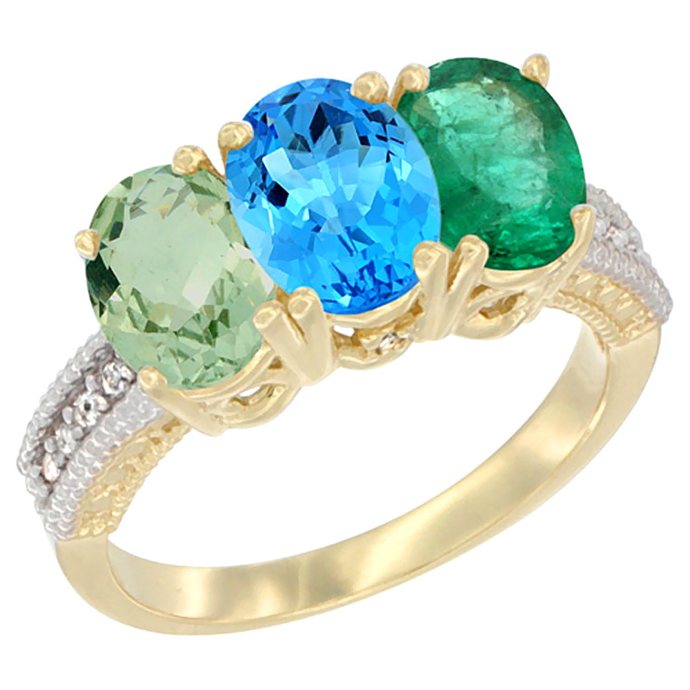 14K Yellow Gold Natural Green Amethyst, Swiss Blue Topaz & Emerald Ring 3-Stone 7x5 mm Oval Diamond Accent, sizes 5 - 10