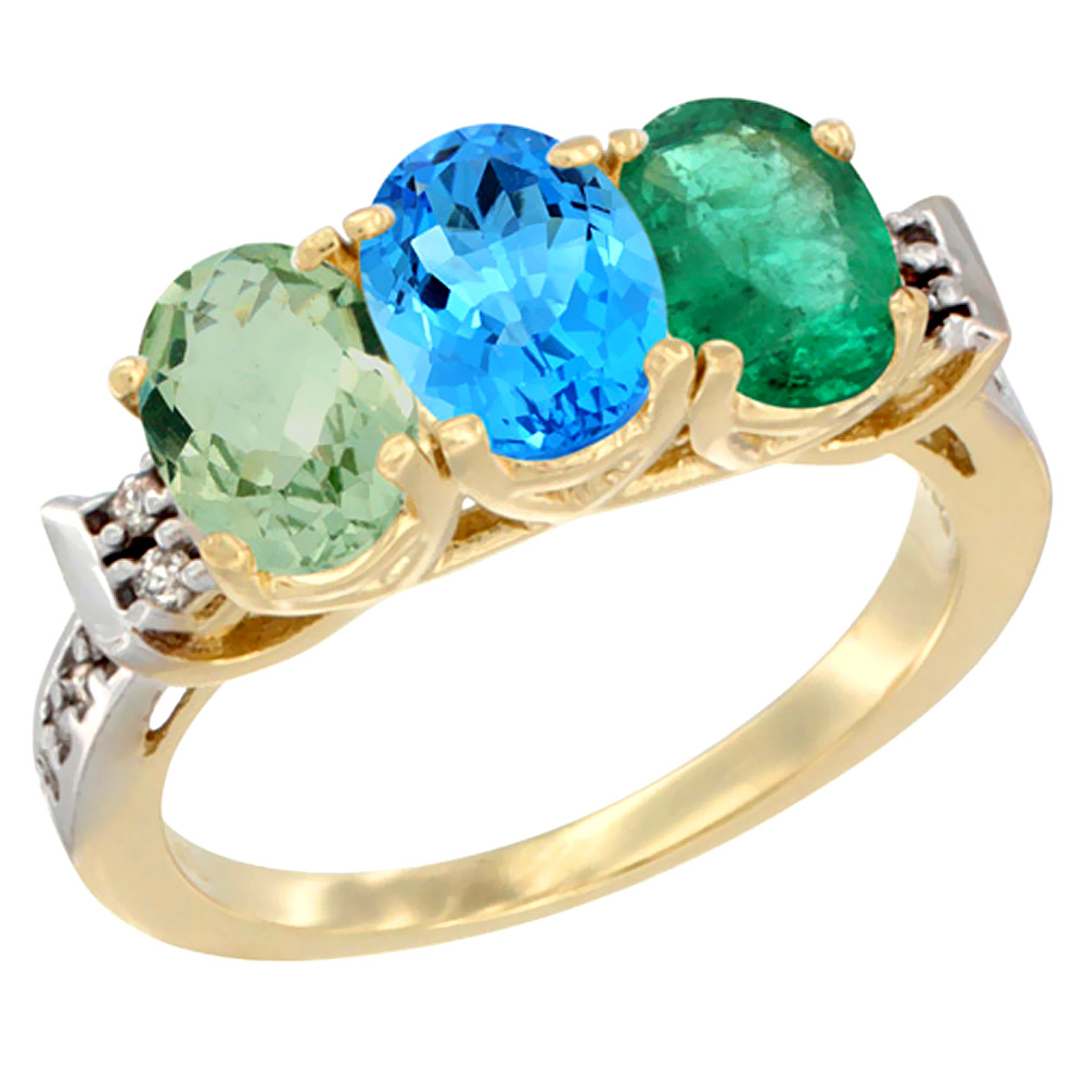 10K Yellow Gold Natural Green Amethyst, Swiss Blue Topaz & Emerald Ring 3-Stone Oval 7x5 mm Diamond Accent, sizes 5 - 10