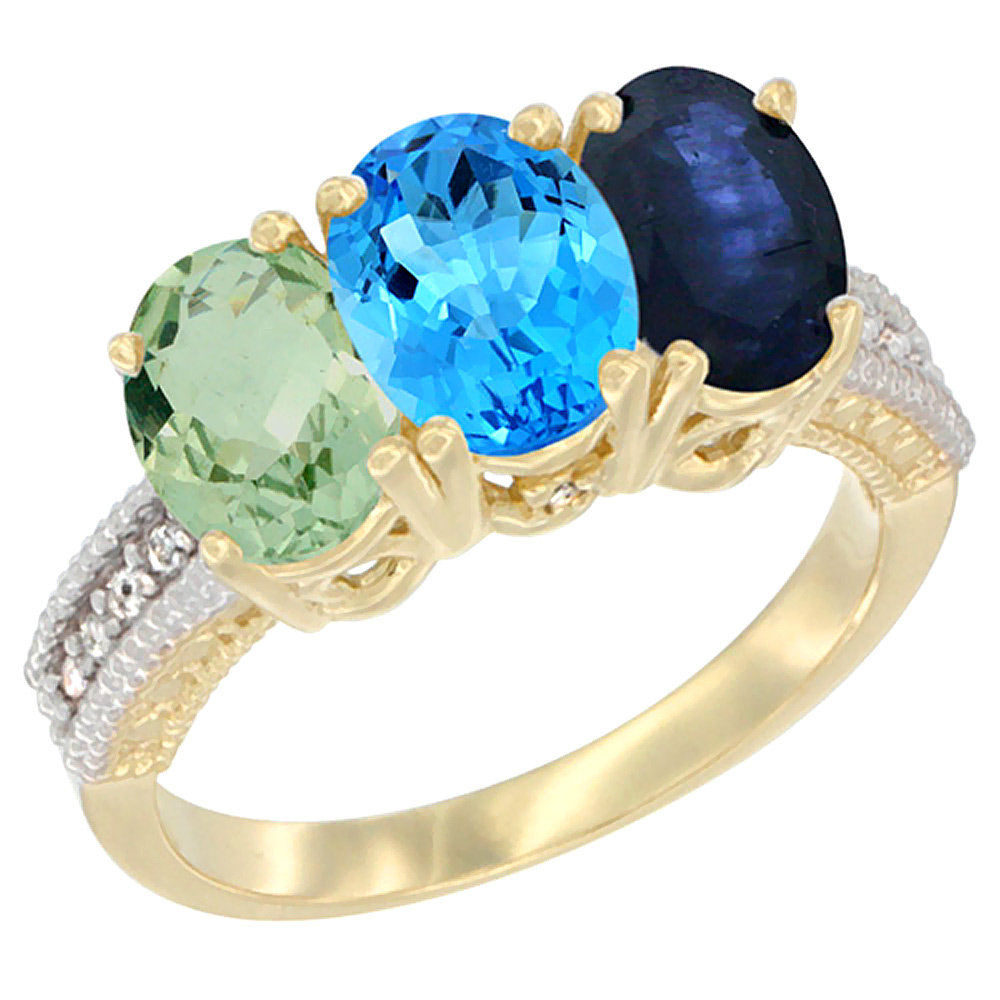 14K Yellow Gold Natural Green Amethyst, Swiss Blue Topaz & Blue Sapphire Ring 3-Stone 7x5 mm Oval Diamond Accent, sizes 5 - 10