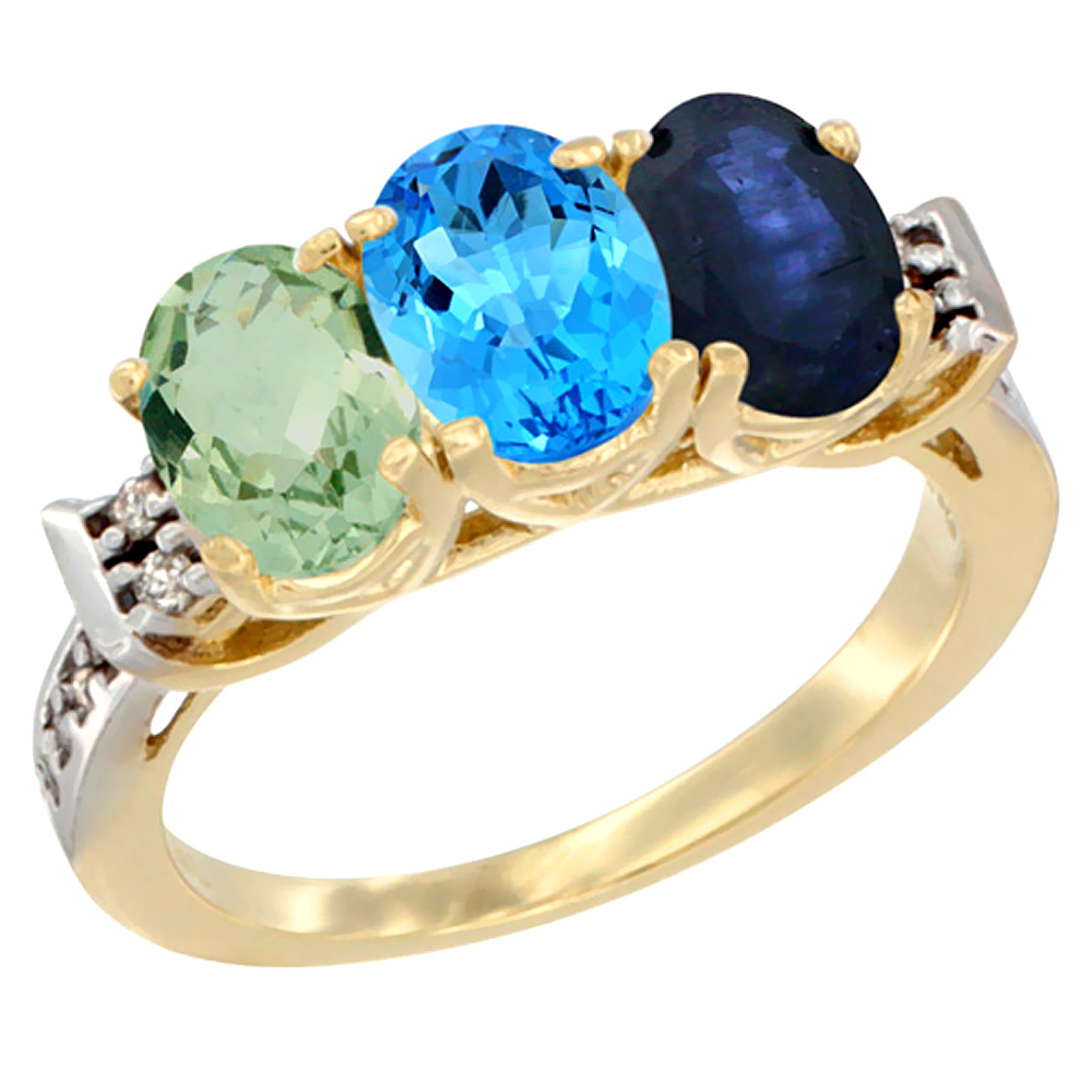 14K Yellow Gold Natural Green Amethyst, Swiss Blue Topaz & Blue Sapphire Ring 3-Stone 7x5 mm Oval Diamond Accent, sizes 5 - 10