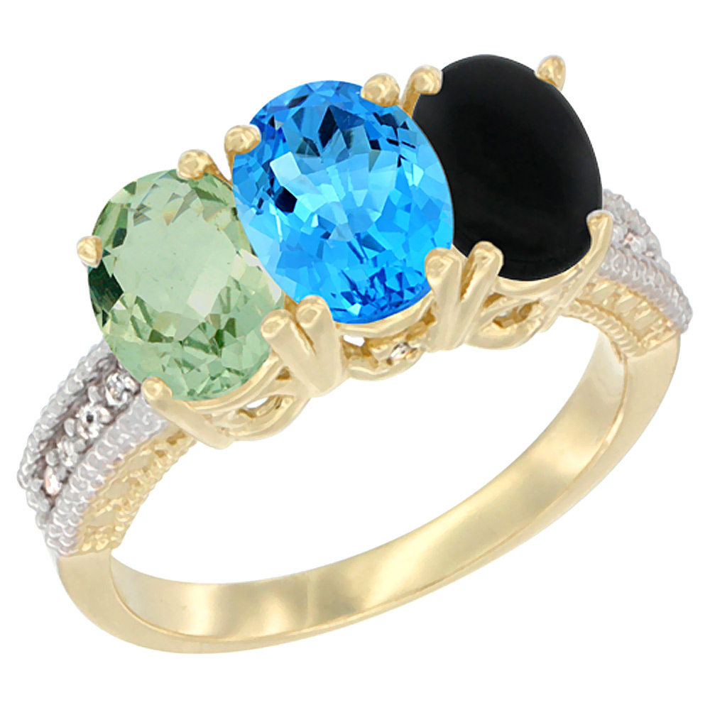 14K Yellow Gold Natural Green Amethyst, Swiss Blue Topaz &amp; Black Onyx Ring 3-Stone 7x5 mm Oval Diamond Accent, sizes 5 - 10