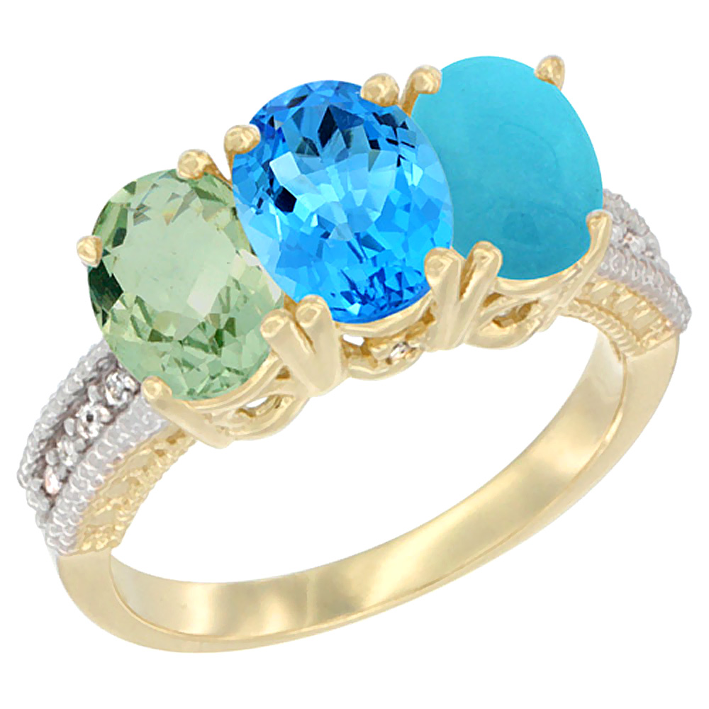 14K Yellow Gold Natural Green Amethyst, Swiss Blue Topaz &amp; Turquoise Ring 3-Stone 7x5 mm Oval Diamond Accent, sizes 5 - 10