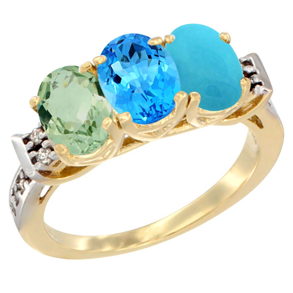 10K Yellow Gold Natural Green Amethyst, Swiss Blue Topaz & Turquoise Ring 3-Stone Oval 7x5 mm Diamond Accent, sizes 5 - 10