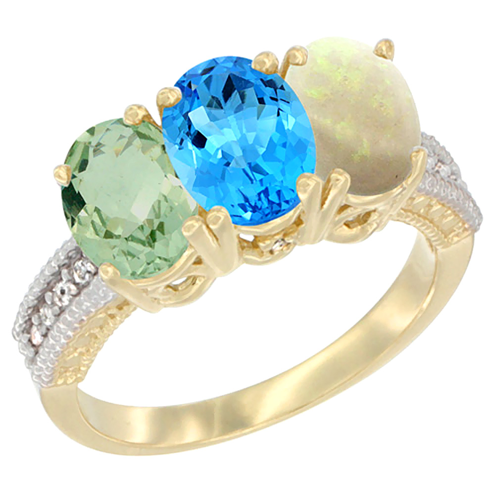 10K Yellow Gold Diamond Natural Green Amethyst, Swiss Blue Topaz & Opal Ring Oval 3-Stone 7x5 mm,sizes 5-10