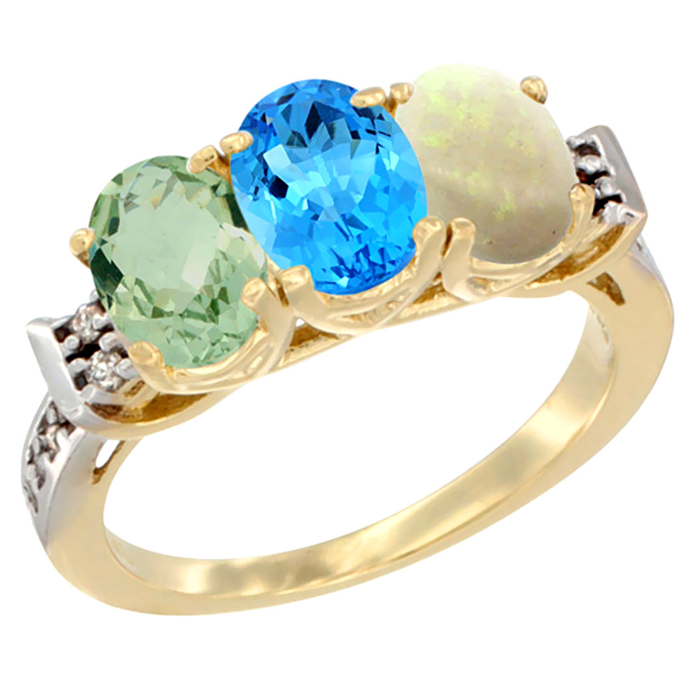 10K Yellow Gold Natural Green Amethyst, Swiss Blue Topaz & Opal Ring 3-Stone Oval 7x5 mm Diamond Accent, sizes 5 - 10
