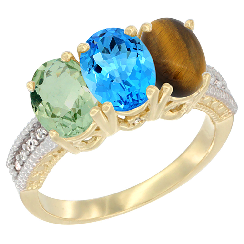 10K Yellow Gold Diamond Natural Green Amethyst, Swiss Blue Topaz & Tiger Eye Ring Oval 3-Stone 7x5 mm,sizes 5-10