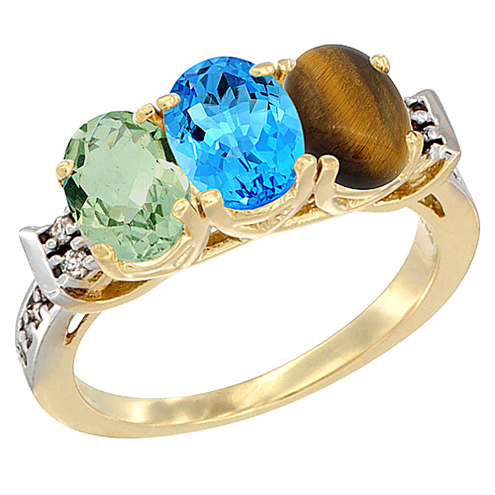 14K Yellow Gold Natural Green Amethyst, Swiss Blue Topaz &amp; Tiger Eye Ring 3-Stone 7x5 mm Oval Diamond Accent, sizes 5 - 10