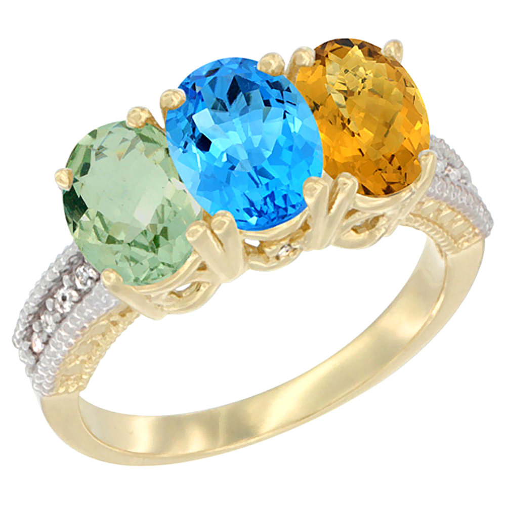 14K Yellow Gold Natural Green Amethyst, Swiss Blue Topaz & Whisky Quartz Ring 3-Stone 7x5 mm Oval Diamond Accent, sizes 5 - 10