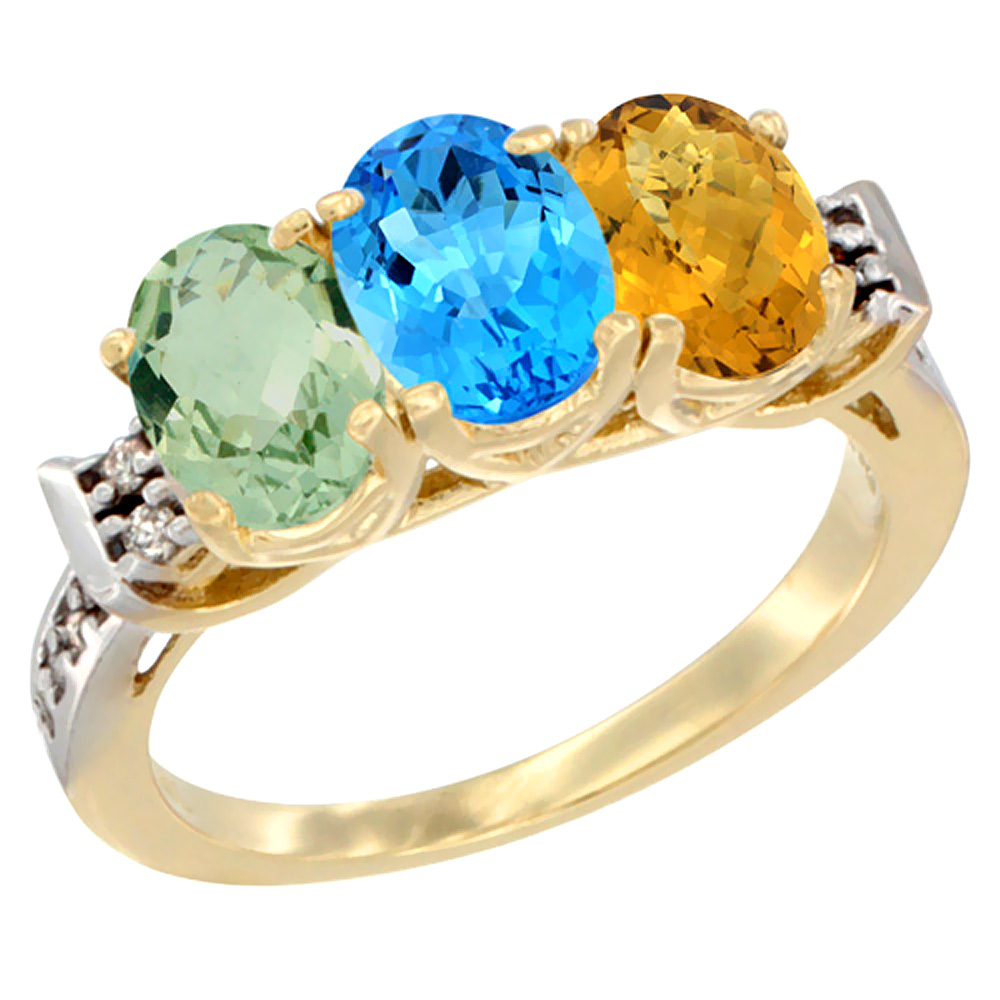 14K Yellow Gold Natural Green Amethyst, Swiss Blue Topaz &amp; Whisky Quartz Ring 3-Stone 7x5 mm Oval Diamond Accent, sizes 5 - 10
