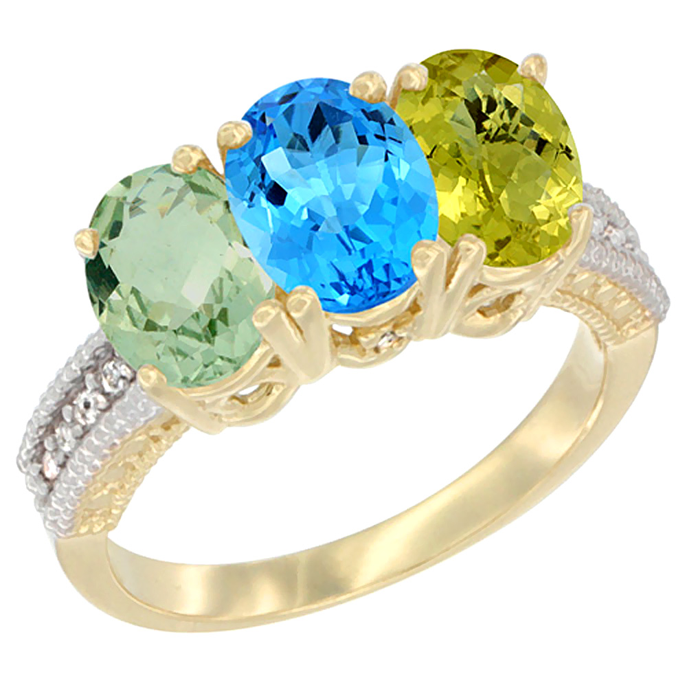 14K Yellow Gold Natural Green Amethyst, Swiss Blue Topaz &amp; Lemon Quartz Ring 3-Stone 7x5 mm Oval Diamond Accent, sizes 5 - 10