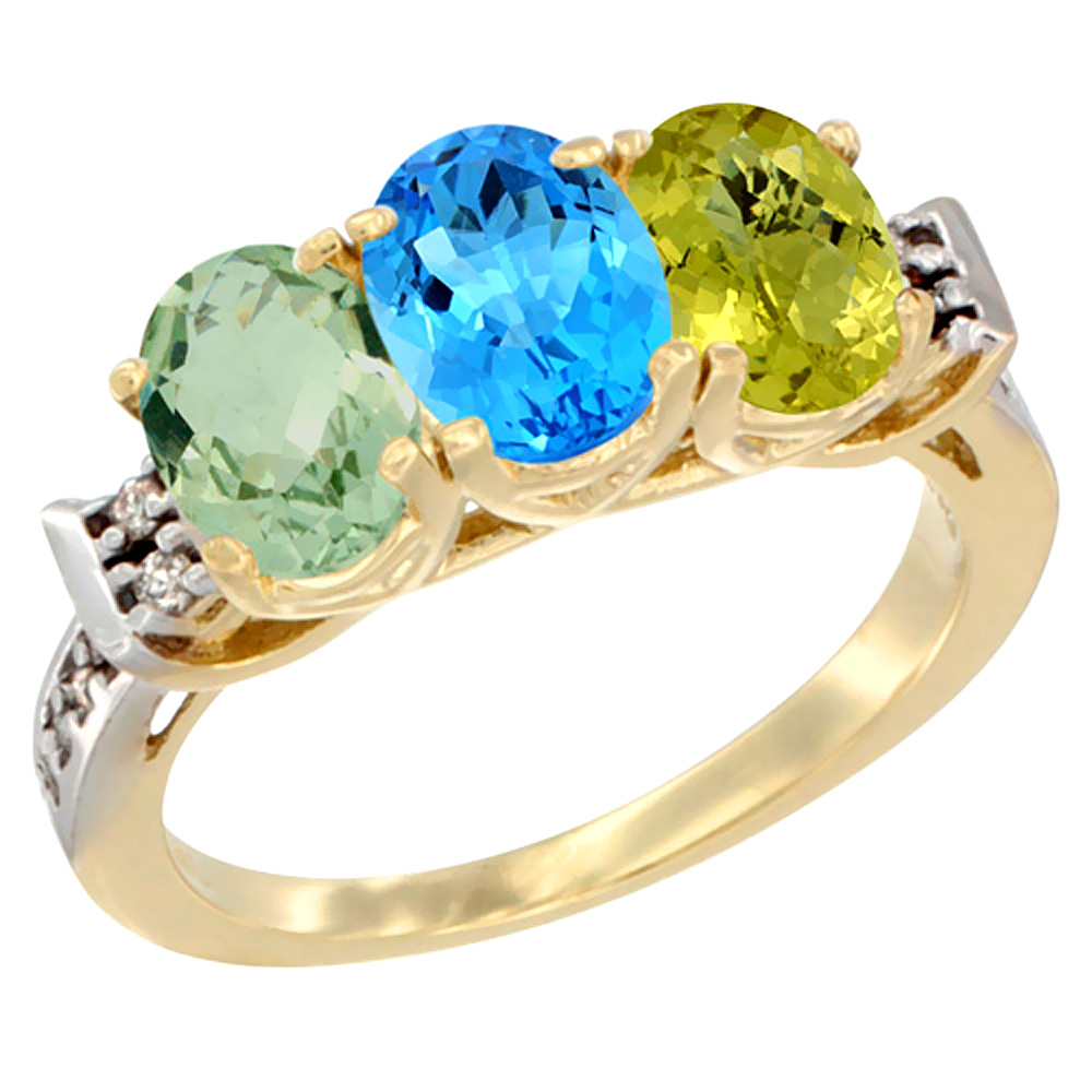 14K Yellow Gold Natural Green Amethyst, Swiss Blue Topaz & Lemon Quartz Ring 3-Stone 7x5 mm Oval Diamond Accent, sizes 5 - 10