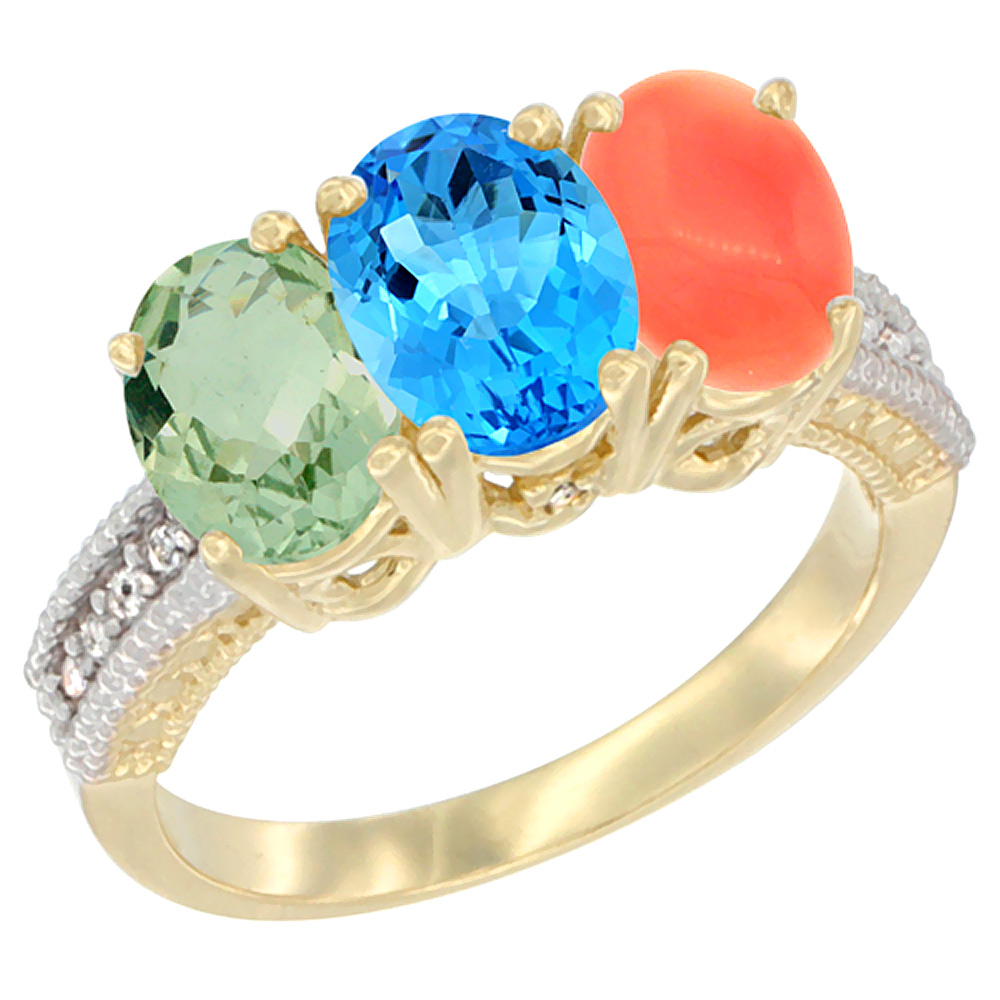 14K Yellow Gold Natural Green Amethyst, Swiss Blue Topaz &amp; Coral Ring 3-Stone 7x5 mm Oval Diamond Accent, sizes 5 - 10