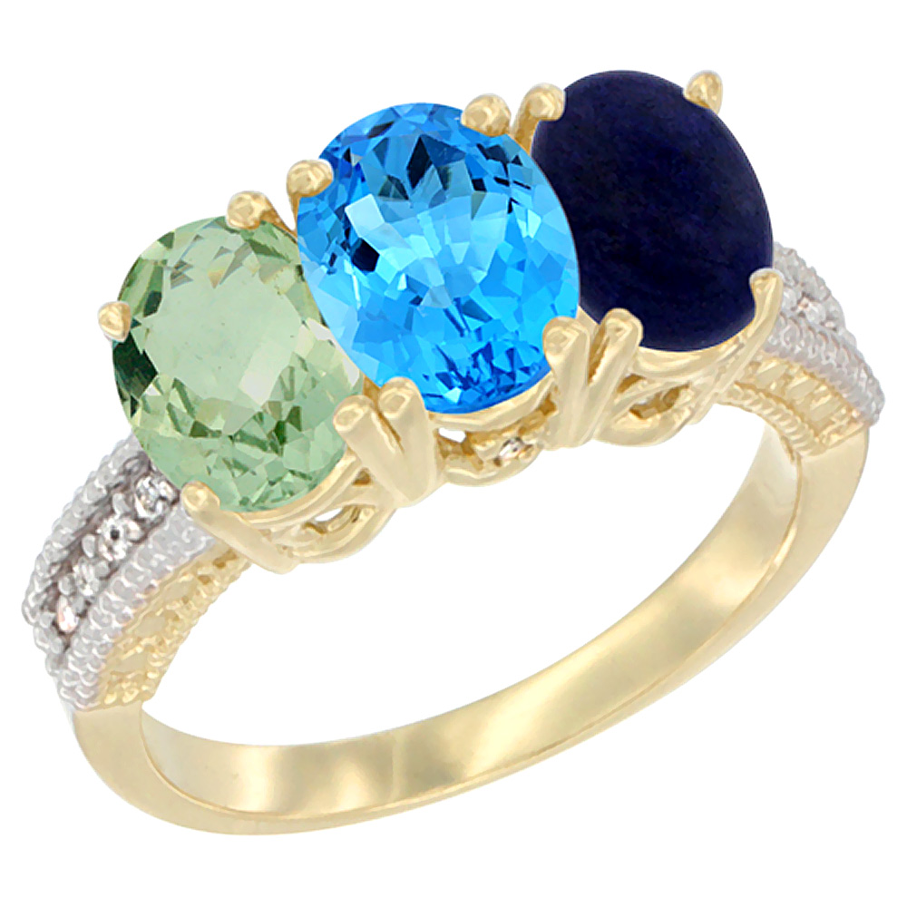 14K Yellow Gold Natural Green Amethyst, Swiss Blue Topaz & Lapis Ring 3-Stone 7x5 mm Oval Diamond Accent, sizes 5 - 10