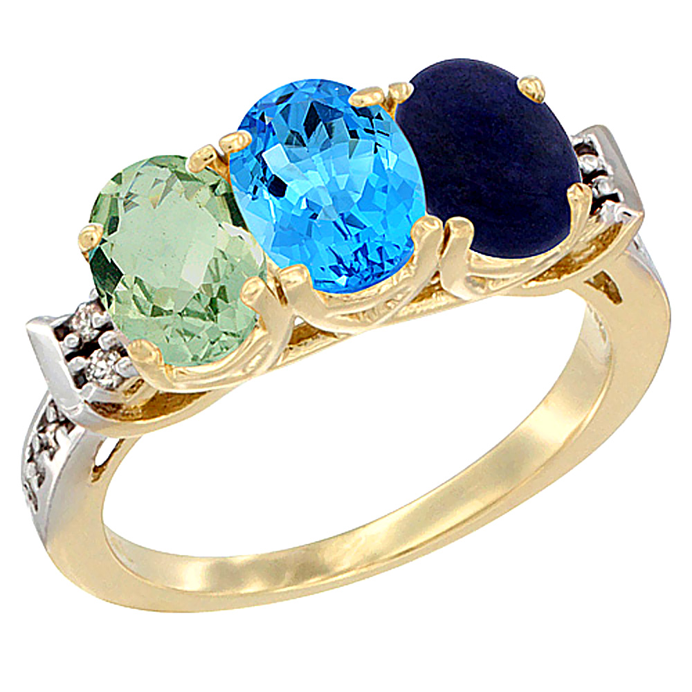 10K Yellow Gold Natural Green Amethyst, Swiss Blue Topaz & Lapis Ring 3-Stone Oval 7x5 mm Diamond Accent, sizes 5 - 10