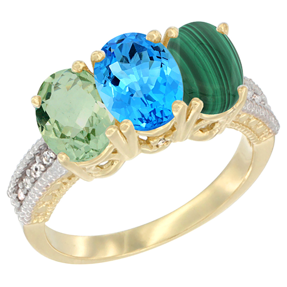 10K Yellow Gold Diamond Natural Green Amethyst, Swiss Blue Topaz & Malachite Ring Oval 3-Stone 7x5 mm,sizes 5-10