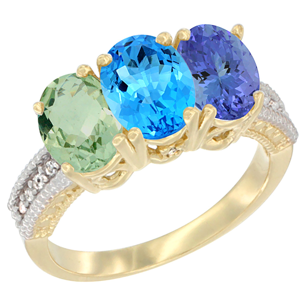 14K Yellow Gold Natural Green Amethyst, Swiss Blue Topaz &amp; Tanzanite Ring 3-Stone 7x5 mm Oval Diamond Accent, sizes 5 - 10