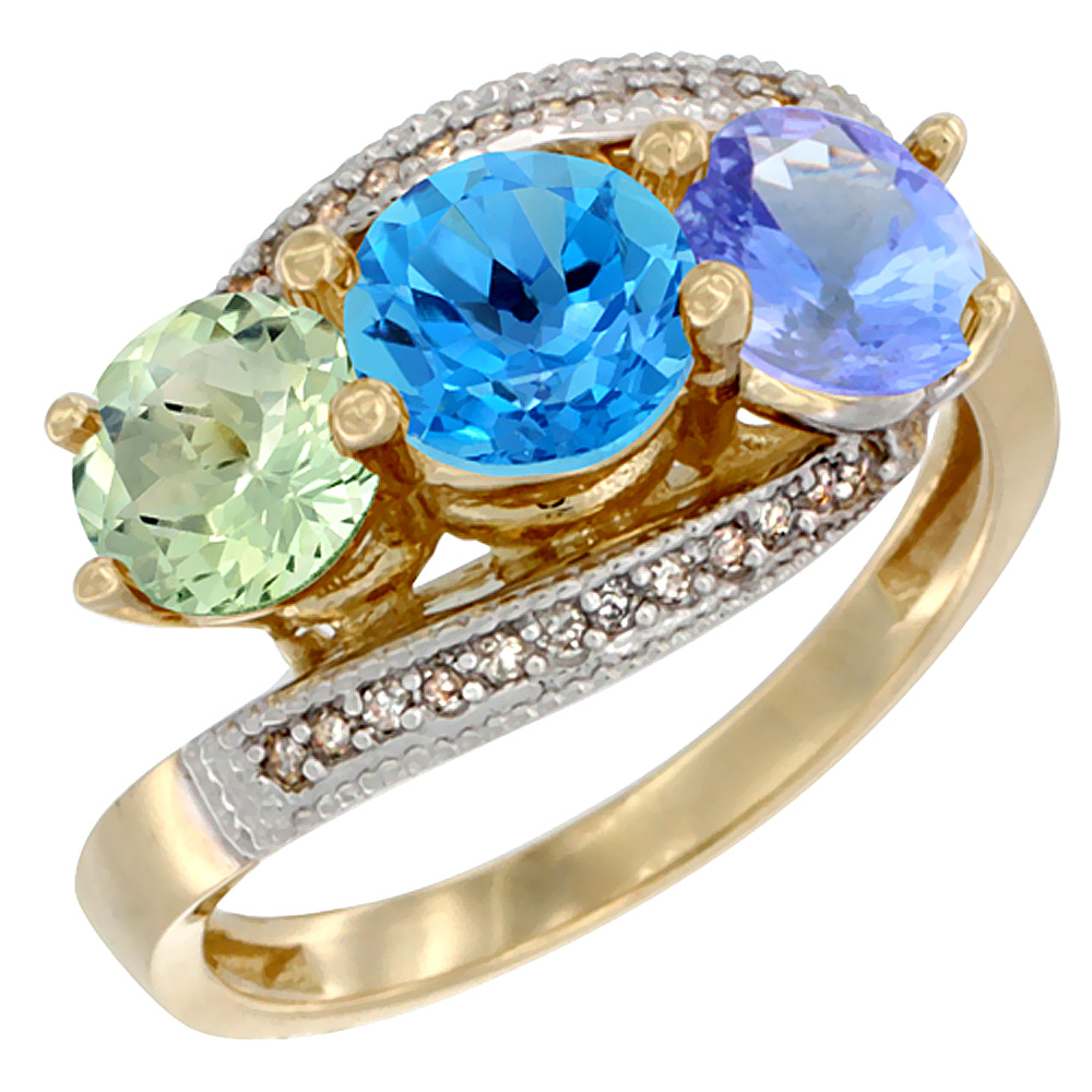 10K Yellow Gold Natural Green Amethyst, Swiss Blue Topaz & Tanzanite 3 stone Ring Round 6mm Diamond Accent, sizes 5 - 10