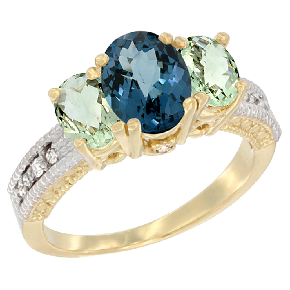 14K Yellow Gold Diamond Natural London Blue Topaz Ring Oval 3-stone with Green Amethyst, sizes 5-10