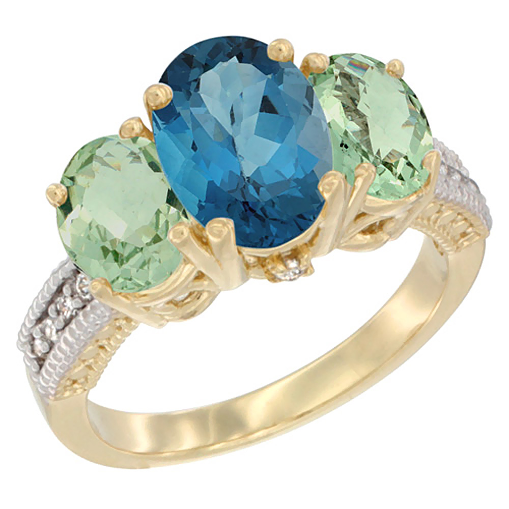14K Yellow Gold Diamond Natural London Blue Topaz Ring 3-Stone Oval 8x6mm with Green Amethyst, sizes5-10