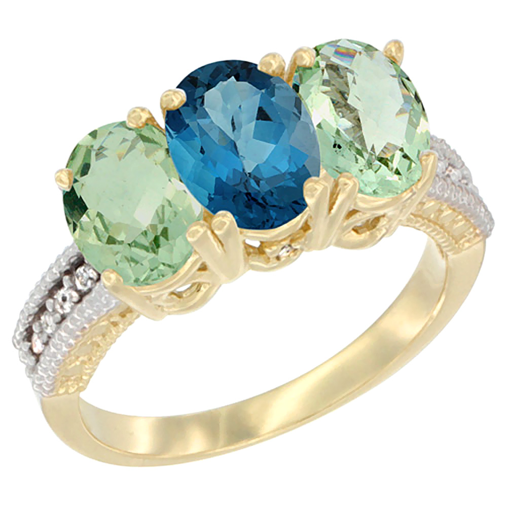 14K Yellow Gold Natural London Blue Topaz &amp; Green Amethyst Ring 3-Stone 7x5 mm Oval Diamond Accent, sizes 5 - 10