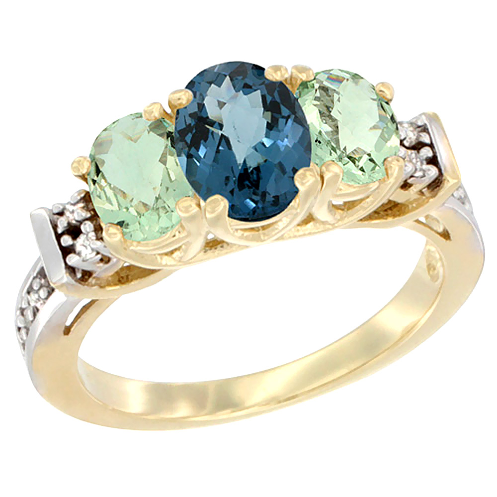 14K Yellow Gold Natural London Blue Topaz & Green Amethyst Ring 3-Stone Oval Diamond Accent
