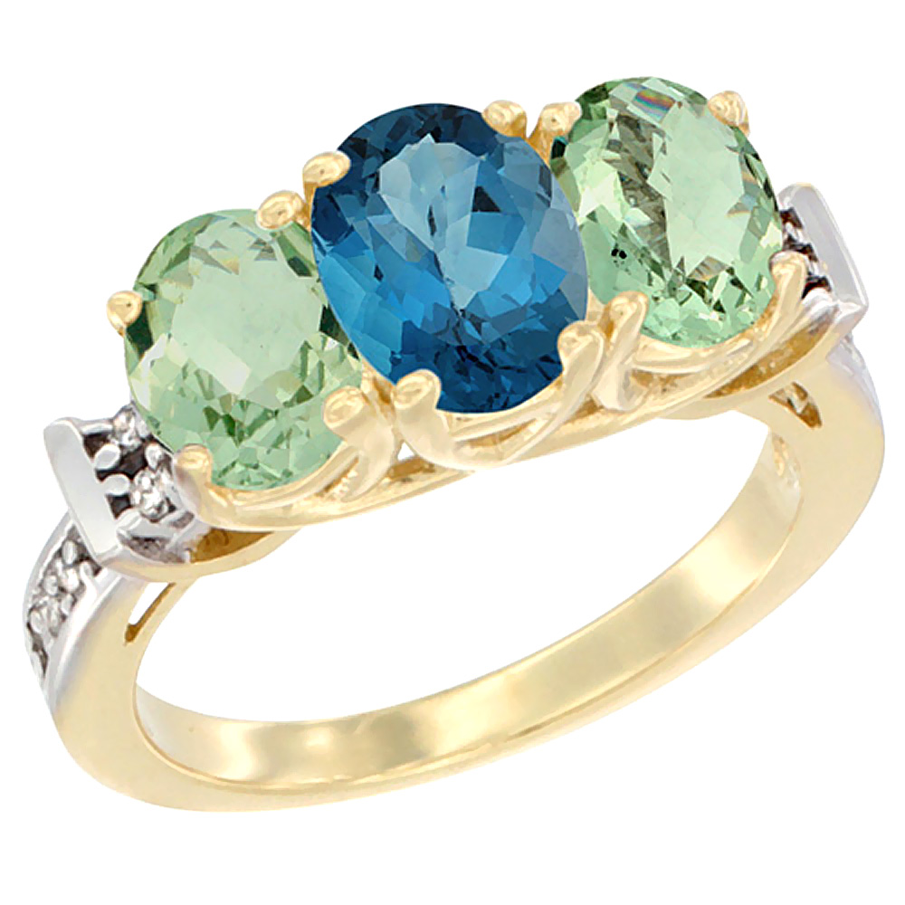 10K Yellow Gold Natural London Blue Topaz &amp; Green Amethyst Sides Ring 3-Stone Oval Diamond Accent, sizes 5 - 10