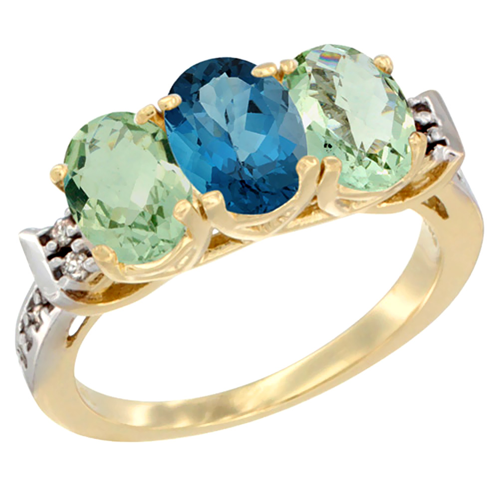 10K Yellow Gold Natural London Blue Topaz & Green Amethyst Sides Ring 3-Stone Oval 7x5 mm Diamond Accent, sizes 5 - 10