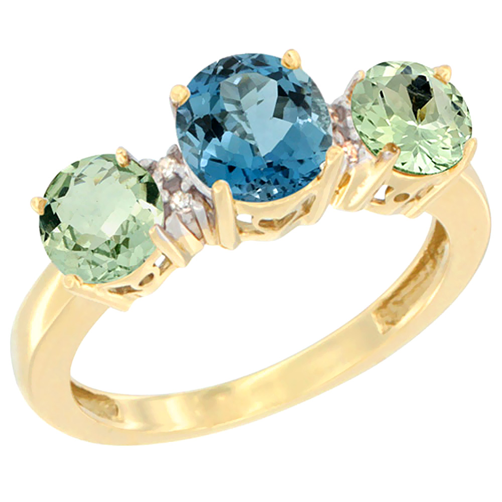 14K Yellow Gold Round 3-Stone Natural London Blue Topaz Ring &amp; Green Amethyst Sides Diamond Accent, sizes 5 - 10