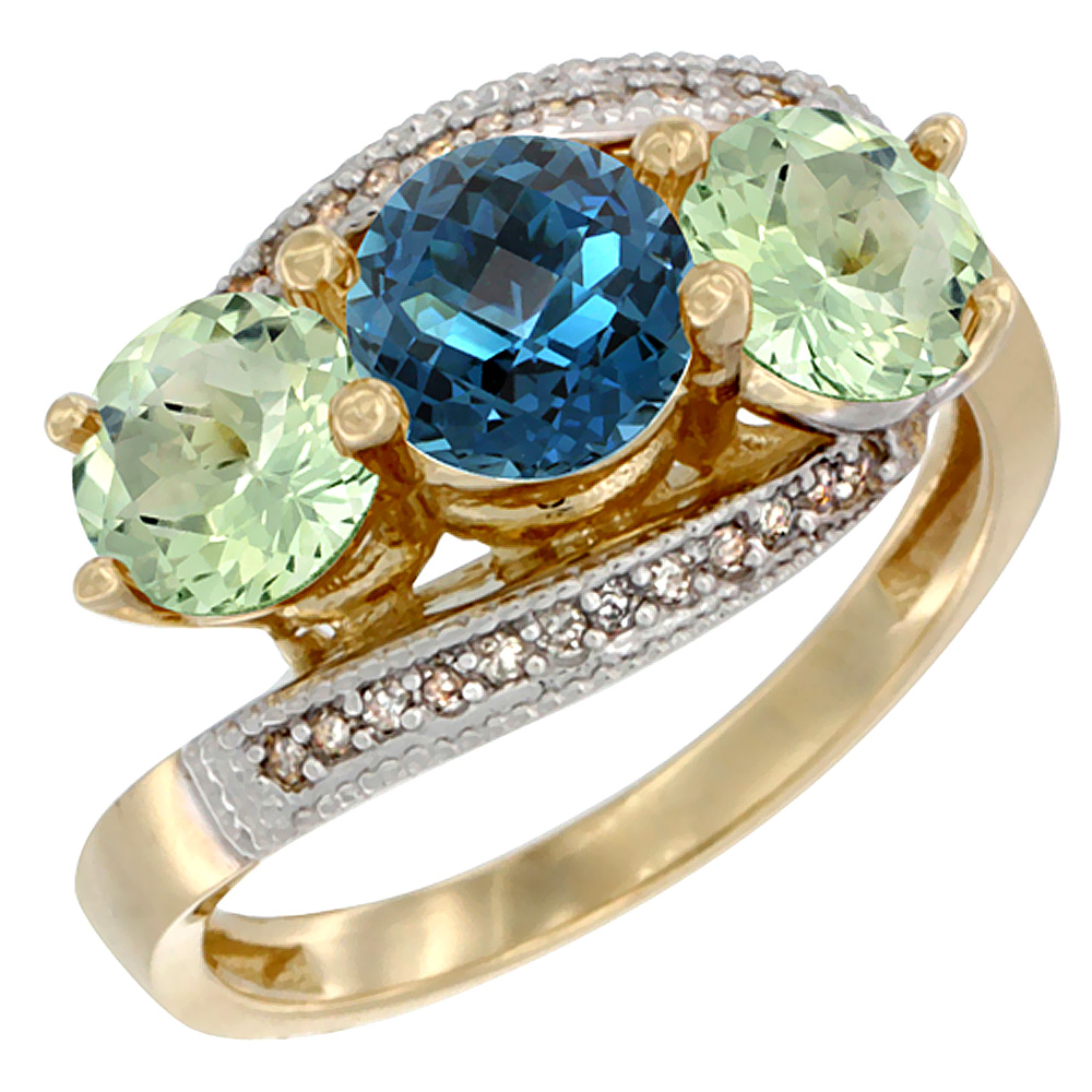 14K Yellow Gold Natural London Blue Topaz &amp; Green Amethyst Sides 3 stone Ring Round 6mm Diamond Accent, sizes 5 - 10