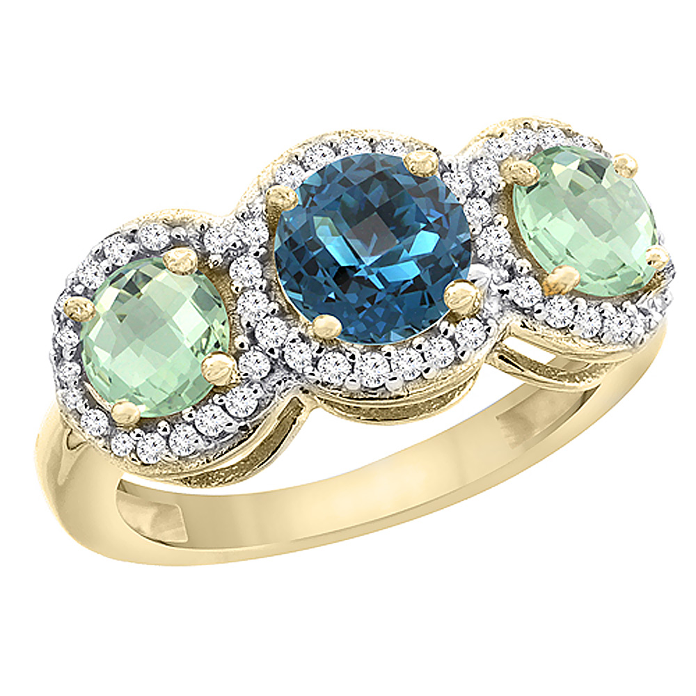 10K Yellow Gold Natural London Blue Topaz & Green Amethyst Sides Round 3-stone Ring Diamond Accents, sizes 5 - 10