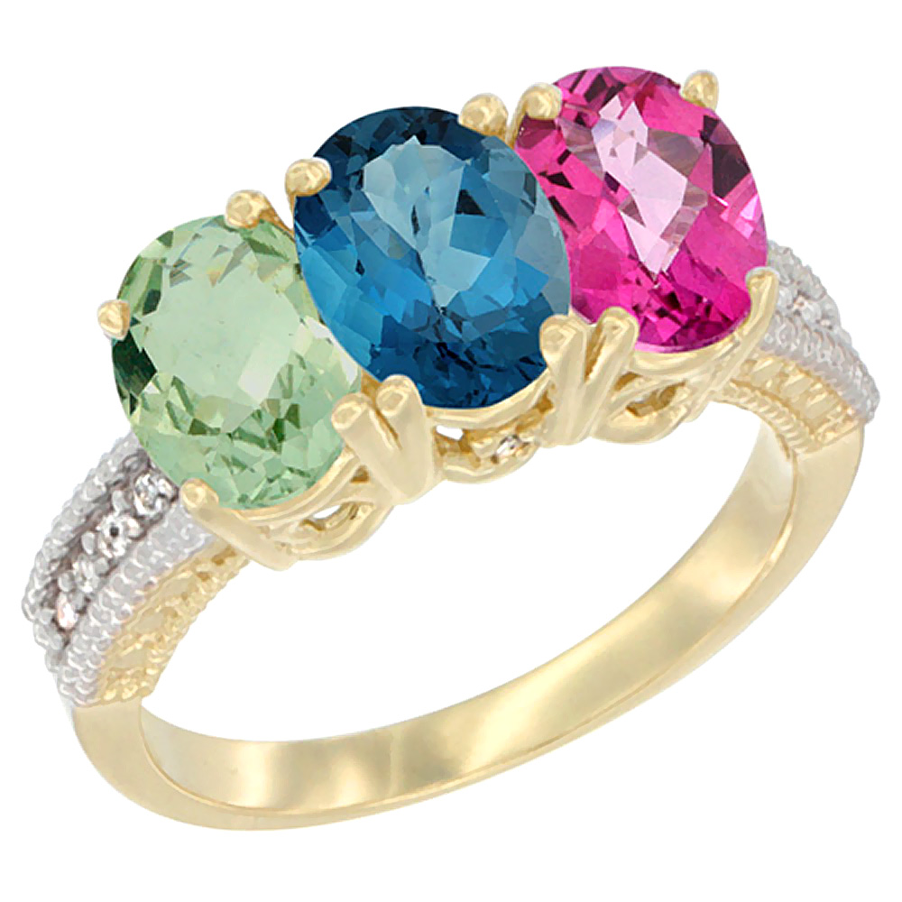 14K Yellow Gold Natural Green Amethyst, London Blue Topaz &amp; Pink Topaz Ring 3-Stone 7x5 mm Oval Diamond Accent, sizes 5 - 10