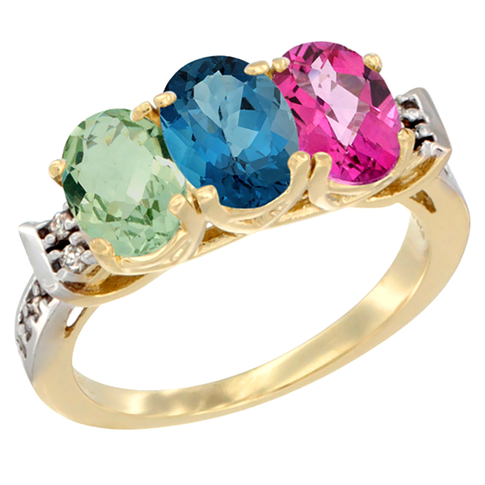 10K Yellow Gold Natural Green Amethyst, London Blue Topaz & Pink Topaz Ring 3-Stone Oval 7x5 mm Diamond Accent, sizes 5 - 10