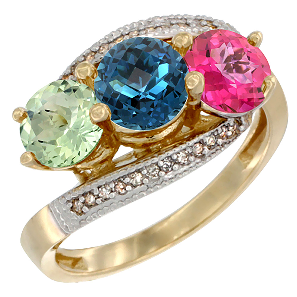 10K Yellow Gold Natural Green Amethyst, London Blue &amp; Pink Topaz 3 stone Ring Round 6mm Diamond Accent, sizes 5 - 10