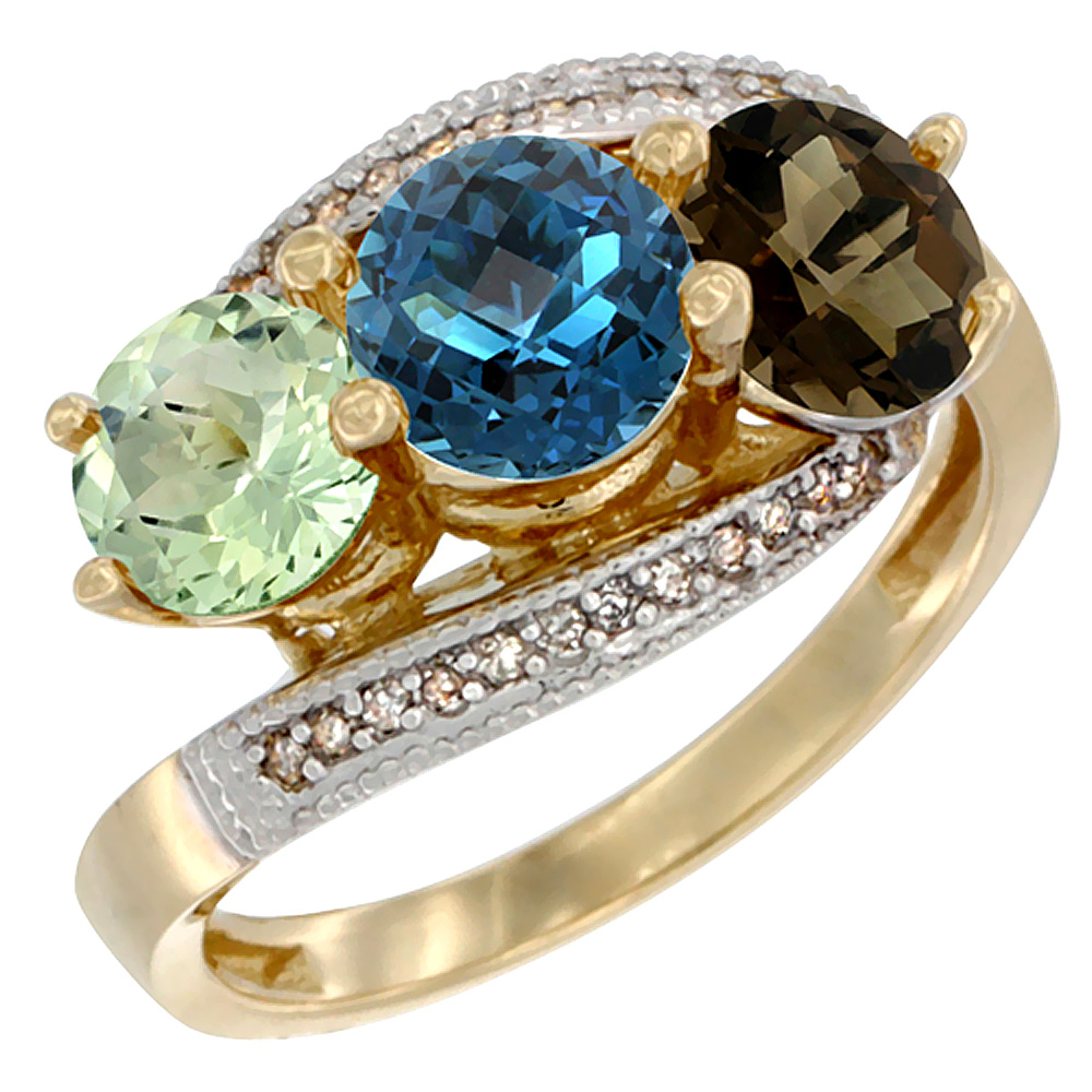 10K Yellow Gold Natural Green Amethyst, London Blue &amp; Smoky Topaz 3 stone Ring Round 6mm Diamond Accent, sizes 5 - 10