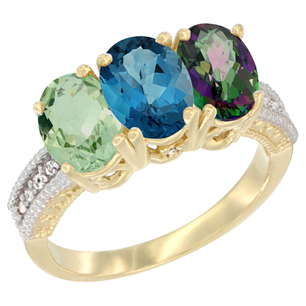 14K Yellow Gold Natural Green Amethyst, London Blue Topaz &amp; Mystic Topaz Ring 3-Stone 7x5 mm Oval Diamond Accent, sizes 5 - 10