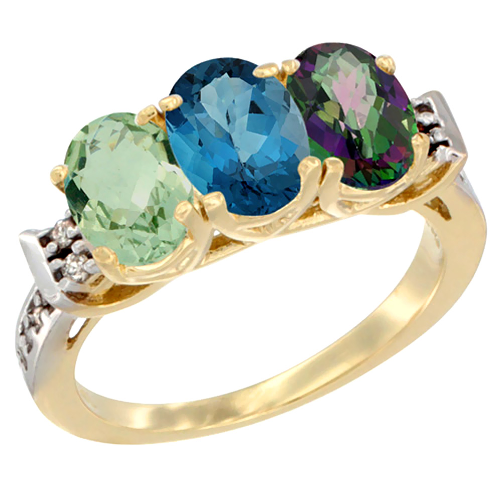 10K Yellow Gold Natural Green Amethyst, London Blue Topaz &amp; Mystic Topaz Ring 3-Stone Oval 7x5 mm Diamond Accent, sizes 5 - 10