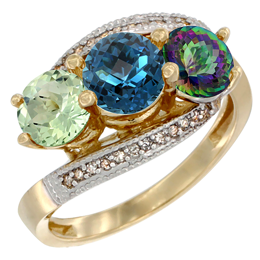 10K Yellow Gold Natural Green Amethyst, London Blue &amp; Mystic Topaz 3 stone Ring Round 6mm Diamond Accent, sizes 5 - 10