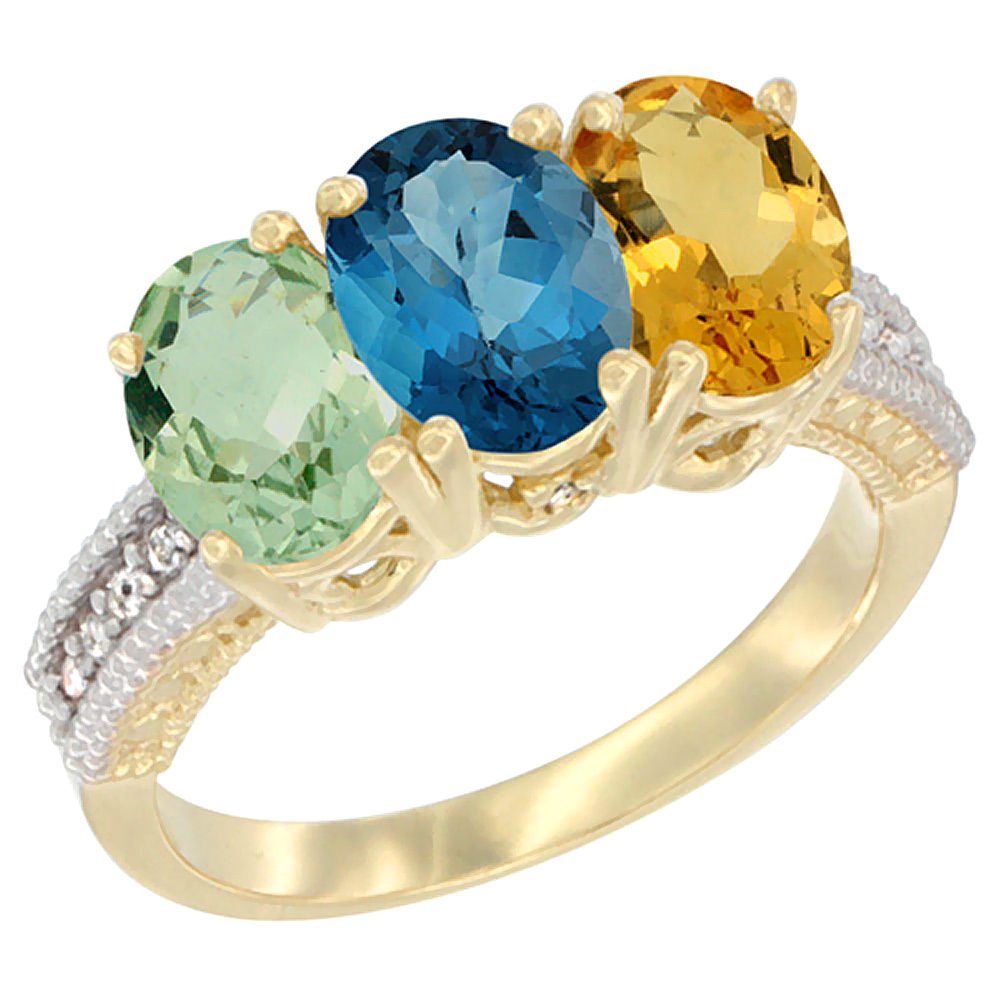 10K Yellow Gold Diamond Natural Green Amethyst, London Blue Topaz &amp; Citrine Ring Oval 3-Stone 7x5 mm,sizes 5-10