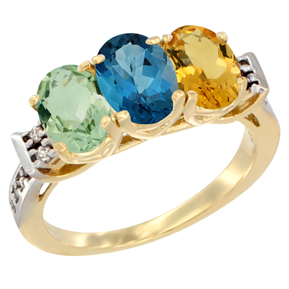 10K Yellow Gold Natural Green Amethyst, London Blue Topaz &amp; Citrine Ring 3-Stone Oval 7x5 mm Diamond Accent, sizes 5 - 10