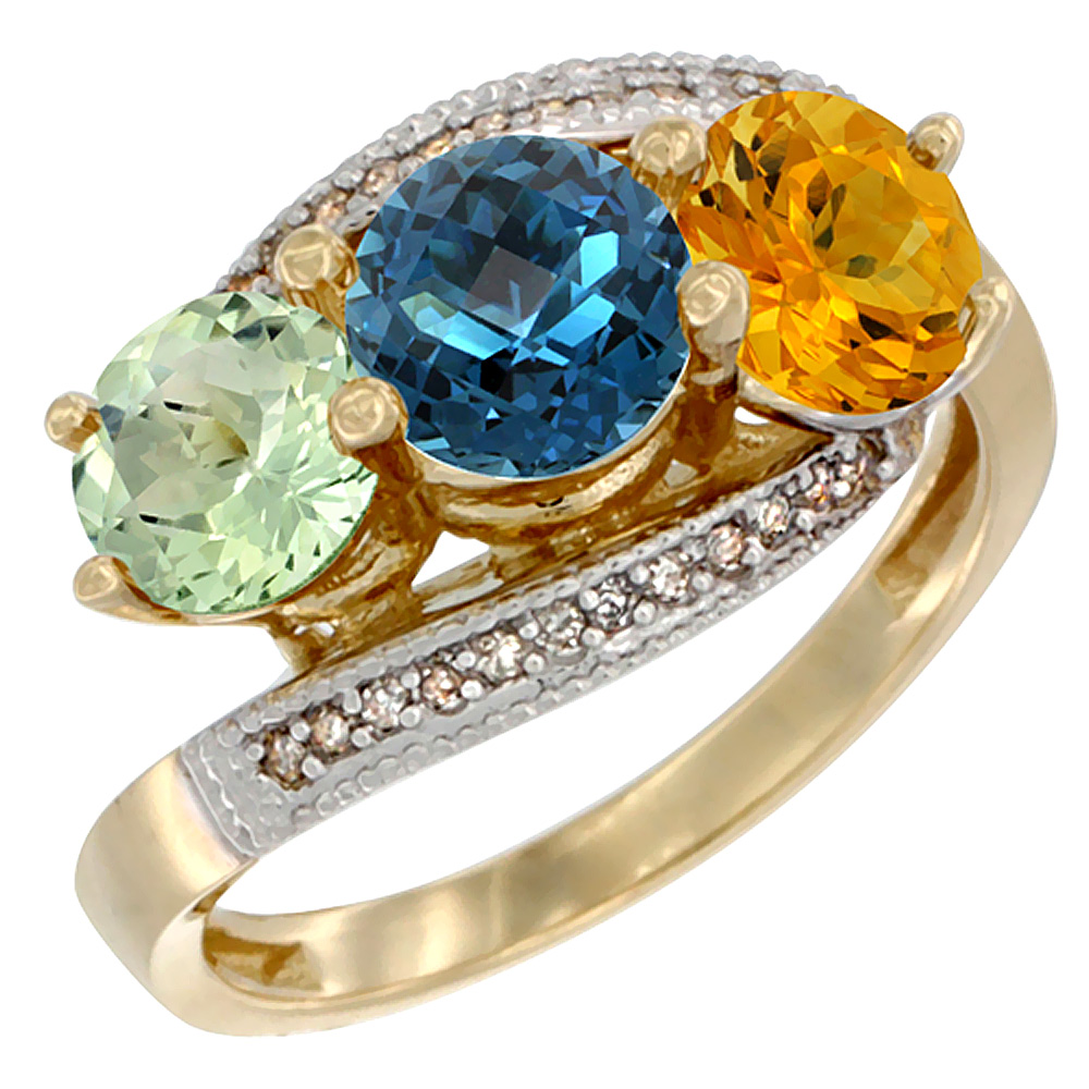 10K Yellow Gold Natural Green Amethyst, London Blue Topaz &amp; Citrine 3 stone Ring Round 6mm Diamond Accent, sizes 5 - 10