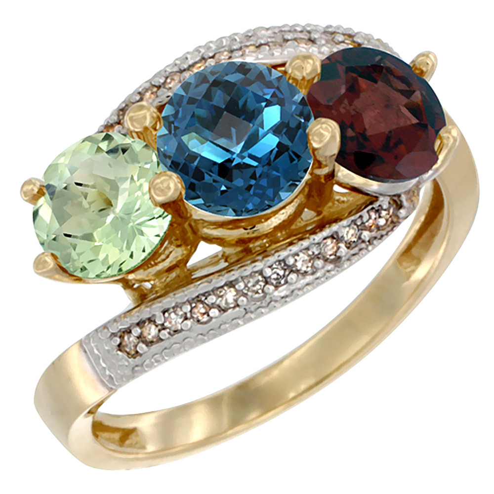 14K Yellow Gold Natural Green Amethyst, London Blue Topaz &amp; Garnet 3 stone Ring Round 6mm Diamond Accent, sizes 5 - 10