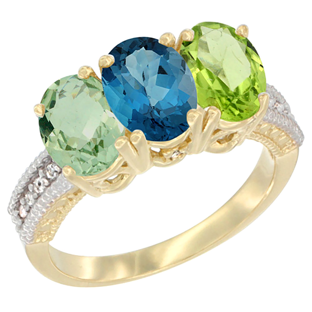 10K Yellow Gold Diamond Natural Green Amethyst, London Blue Topaz & Peridot Ring Oval 3-Stone 7x5 mm,sizes 5-10